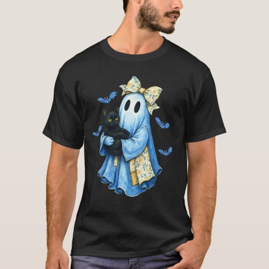 Halloween Blauwe Denim Geest Patchwork Geest Zwart T-shirt (Voorkant)