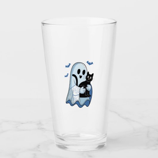 Halloween Blauwe Denim Spook en Kat Glas (Voorkant)