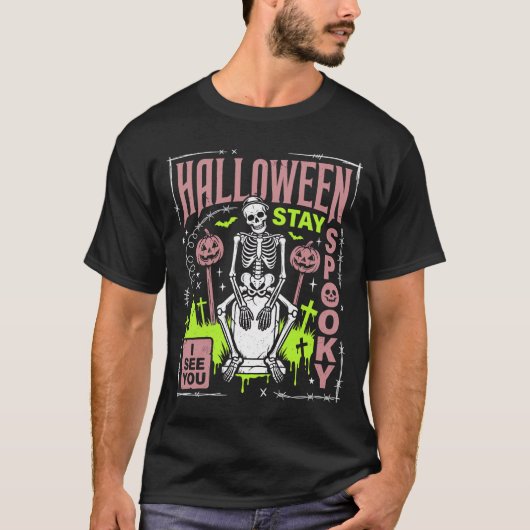 Halloween Blijf Spooky Skelet Kerkhof Grafisch T-shirt (Voorkant)