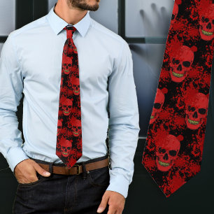 Halloween Bloederige Schedels Rood en Zwart Stropdas
