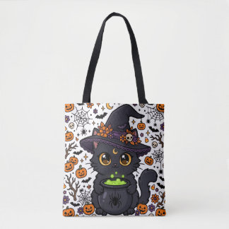 Halloween Bloem Heks Kat Pompoen Snoep of een Leve Tote Bag