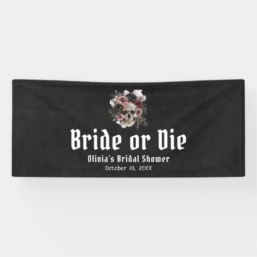 Halloween Bloemenschedel Bruid of Sterf Bruidsfees Spandoek (Horizontaal)