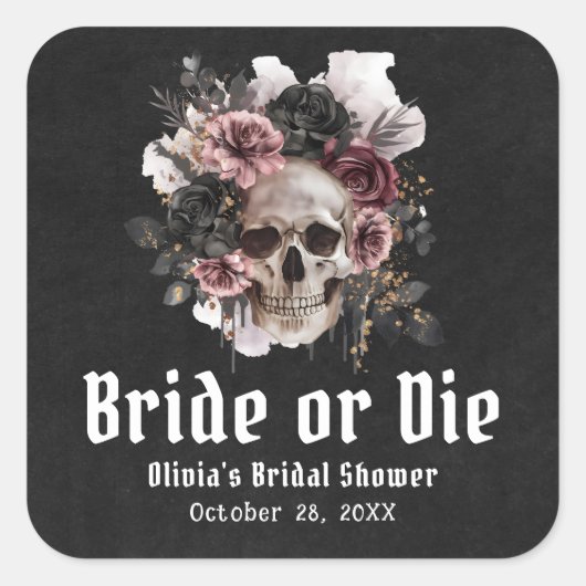 Halloween Bloemenschedel Bruid of Sterf Bruidsfees Vierkante Sticker (Voorkant)