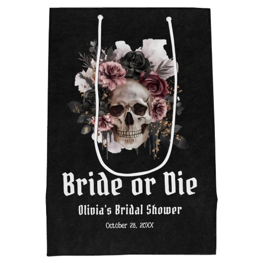 Halloween Bloemenschedel Bruid of Sterf Bruidsmeub Medium Cadeauzakje (Achterkant)