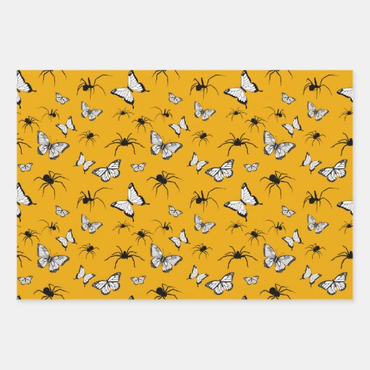 Halloween Bloemenvlinders Schedel Spinnenwebben Inpakpapier Vel (Voorkant)