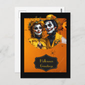 Halloween bloemige pet en make-up karikatuur paar briefkaart (Voorkant / Achterkant)