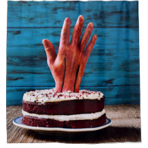 Halloween Bloody Hand in Cake Shower Curtain