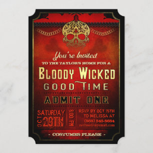 Halloween Bloody Wyed Red & Gold Party Invite Kaart
