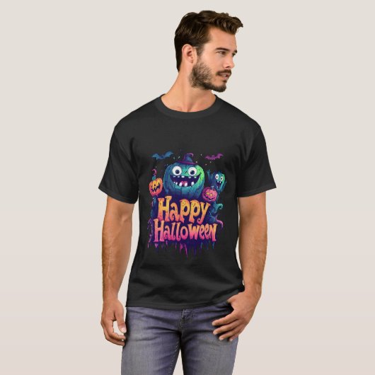 Halloween Blue and Yellow Pumpkin T-Shirt (Voorkant volledig)