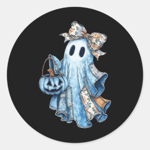 Halloween Blue Denim Boo Ghost Floral Coquette Fal Ronde Sticker