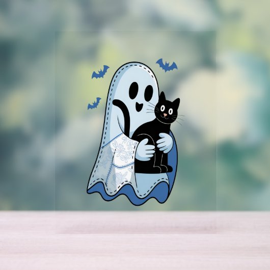 Halloween Blue Denim Ghost & Cat Acryl Bord (Neutraal)