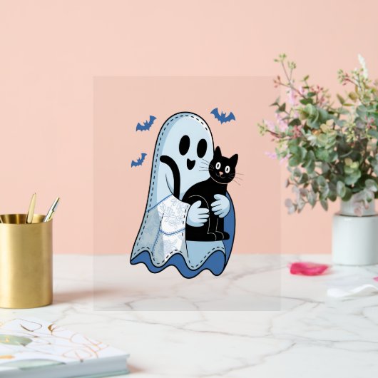 Halloween Blue Denim Ghost & Cat Acryl Bord (Huwelijk)