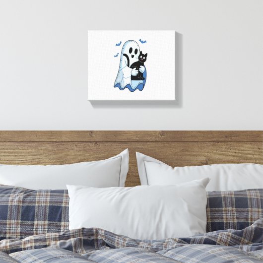 Halloween Blue Denim Ghost & Cat Canvas Afdruk (Insitu (Slaapkamer))