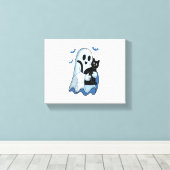 Halloween Blue Denim Ghost & Cat Canvas Afdruk (Insitu (Houten vloer))