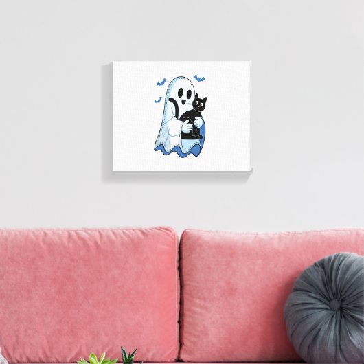 Halloween Blue Denim Ghost & Cat Canvas Afdruk (Insitu (Woonkamer))
