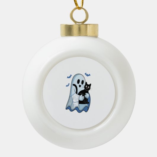 Halloween Blue Denim Ghost & Cat Keramische Bal Ornament (Voorkant)