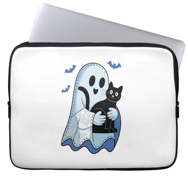 Halloween Blue Denim Ghost & Cat Laptop Sleeve (Voorkant)