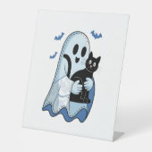 Halloween Blue Denim Ghost & Cat Reclamebord Met Voetstuk (Voorkant)