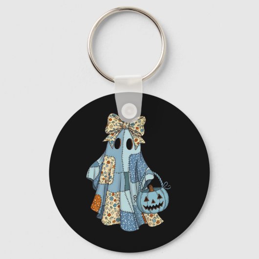 Halloween Blue Denim Ghost Trendy Denim Patchwork Sleutelhanger (Voorkant)
