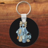 Halloween Blue Denim Ghost Trendy Denim Patchwork Sleutelhanger (Voorkant)
