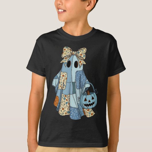 Halloween Blue Denim Ghost Trendy Denim Patchwork T-shirt (Voorkant)