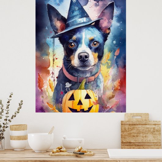 Halloween Blue Heeler met pompoenen eng Poster (Keuken)