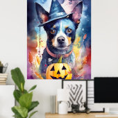 Halloween Blue Heeler met pompoenen eng Poster (Thuiskantoor)