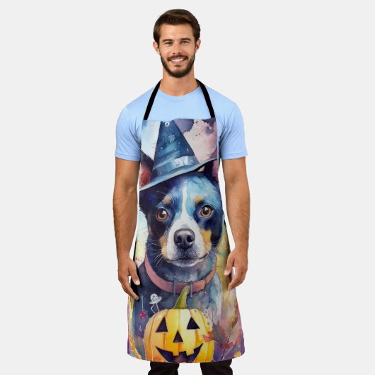Halloween Blue Heeler met pompoenen eng Schort (Gedragen)