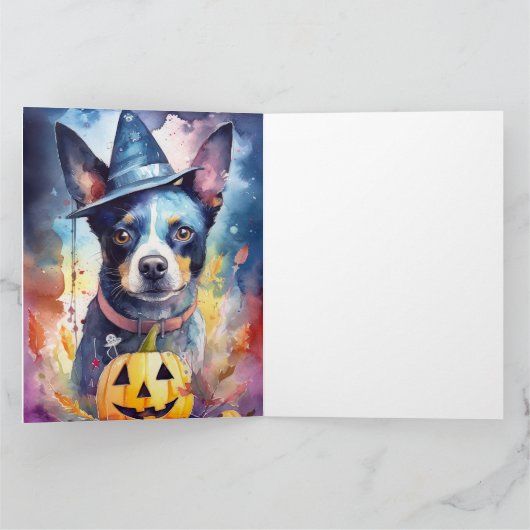 Halloween Blue Heeler Met Pompoenen Griezelen Kaart (Binnen)