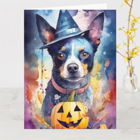 Halloween Blue Heeler Met Pompoenen Griezelen Kaart (Gele Bloem)