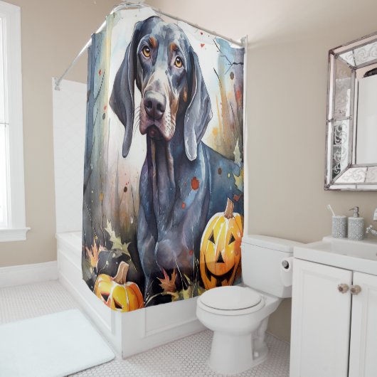 Halloween Bluetick Coonhound met pompoenen Scary Douchegordijn (In situ)