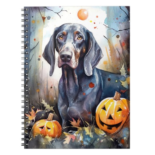 Halloween Bluetick Coonhound met pompoenen Scary Notitieboek (Voorkant)