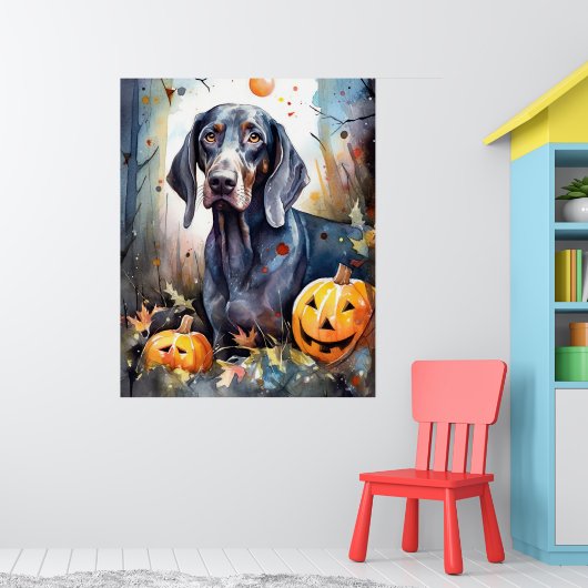 Halloween Bluetick Coonhound met pompoenen Scary Poster (Kinderkamer 1)