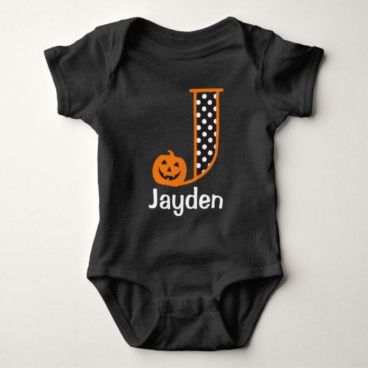 Halloween Bodysuit w Pompoen Monogram Initiaal J (Voorkant)