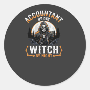 Halloween Boekhouder overdag Heks 's nachts Design Ronde Sticker