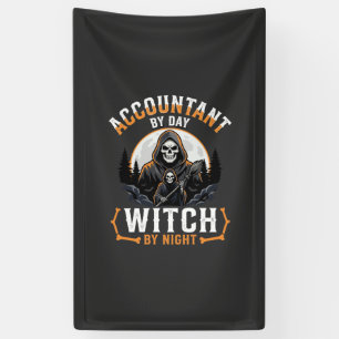 Halloween Boekhouder overdag Heks 's nachts Design Spandoek