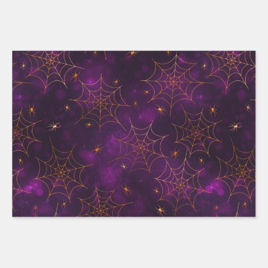 Halloween Bokeh, Paarse, Oranje en zwarte Cobwebs Inpakpapier Vel (Voorkant)