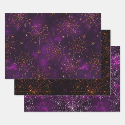 Halloween Bokeh, Paarse, Oranje en zwarte Cobwebs Inpakpapier Vel (Set)