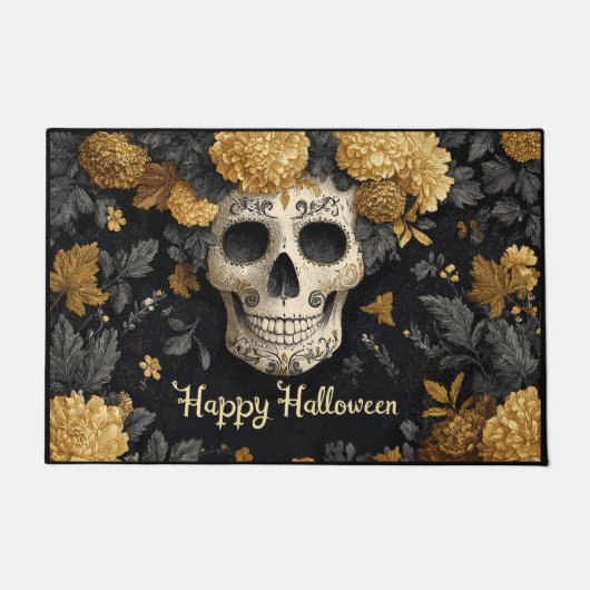 Halloween Bone White Skull with Golden Marigolds Deurmat (Voorkant)
