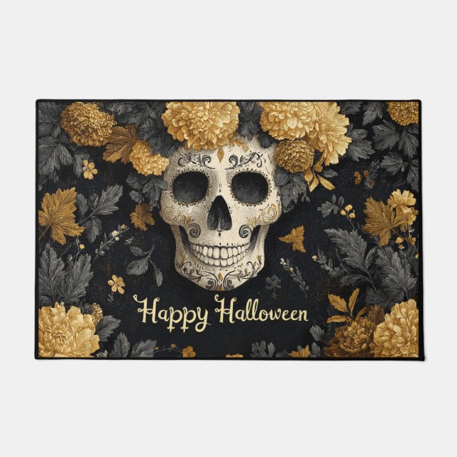 Halloween Bone White Skull with Golden Marigolds Deurmat (Voorkant)