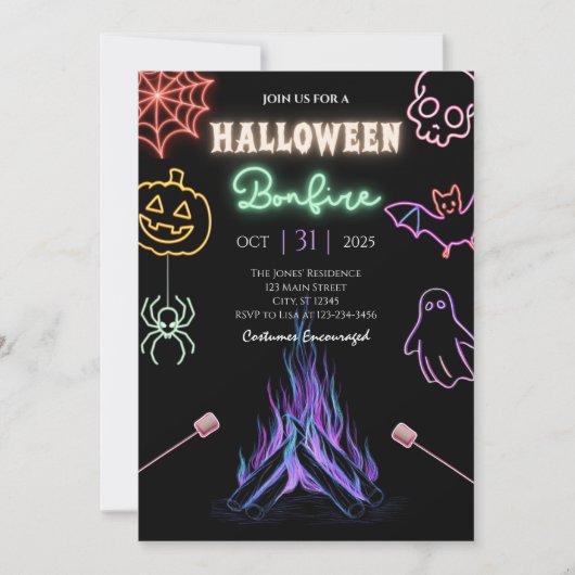 Halloween Bonfire Neon Spooky Night Kostuumfeest Kaart (Voorkant)