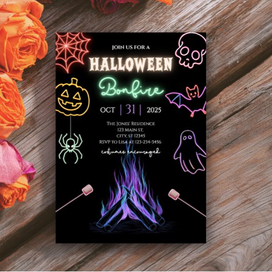 Halloween Bonfire Neon Spooky Night Kostuumfeest Kaart