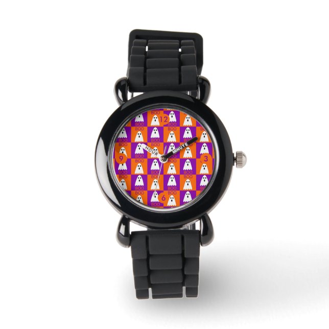 Halloween Boo Ghost Paars en Oranje Squares Horloge (Voorkant)