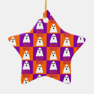 Halloween Boo Ghost Paars en Oranje Squares Keramisch Ornament