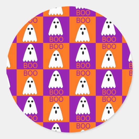Halloween Boo Ghost Paars en Oranje Squares Ronde Sticker (Voorkant)