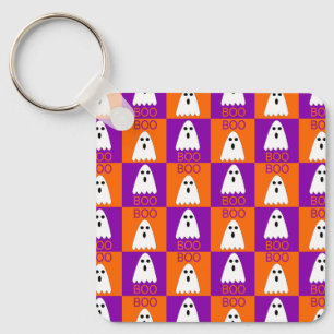 Halloween Boo Ghost Paars en Oranje Squares Sleutelhanger