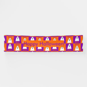 Halloween Boo Ghost Paars en Oranje Squares Spandoek
