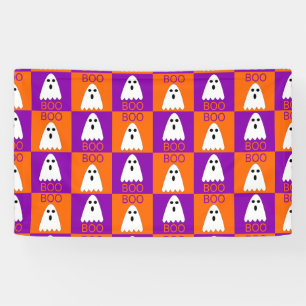 Halloween Boo Ghost Paars en Oranje Squares Spandoek