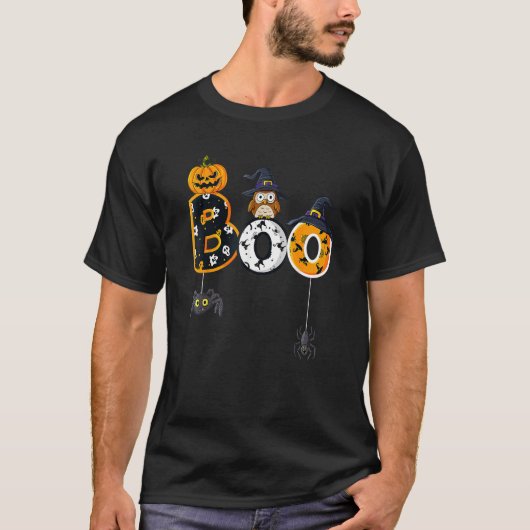 Halloween Boo Owl With Witch Hat Spiders Boys Girl T-shirt (Voorkant)