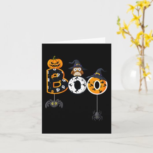 Halloween Boo Owl with Witch Pet Spiders Boys Girl Kaart (Gele Bloem)